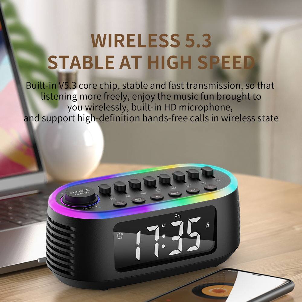 WIRELESS 5.3  
STABLE AT HIGH SPEED

Built-in V5.3 core chip, stable and fast transmission, so that listening more freely, enjoy the music fun brought to you wirelessly, built-in HD microphone, and support high-definition hands-free calls in wireless state

SNOOZE  
Fri 17:35