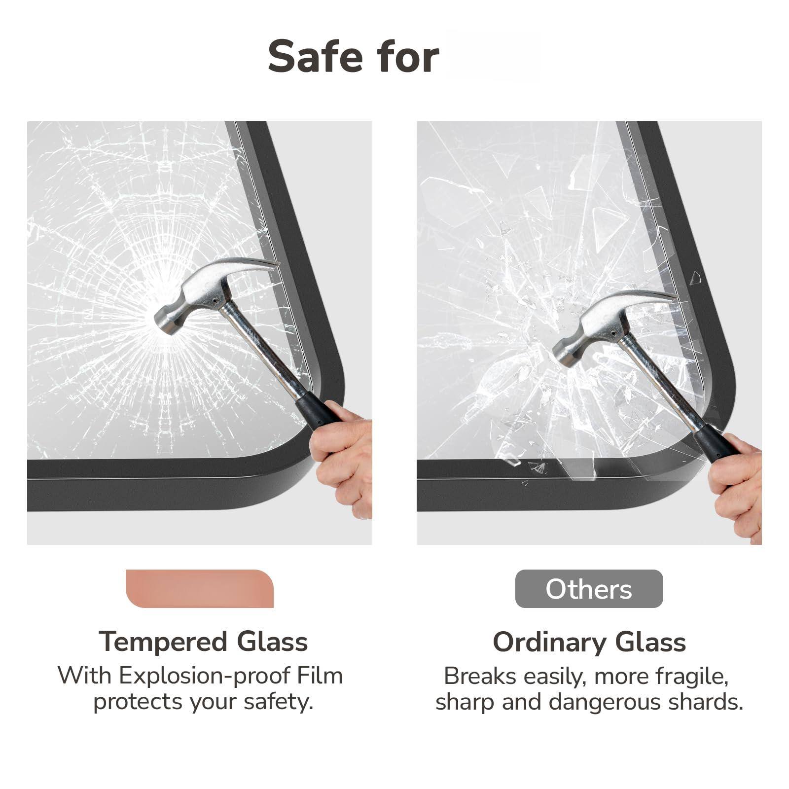 Safe for

Tempered Glass  
With Explosion-proof Film protects your safety.

Others

Ordinary Glass  
Breaks easily, more fragile, sharp and dangerous shards.