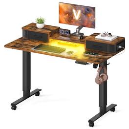 Songmics Home - Electric Standing Desk with Drawers, Sit Stand Desk with Built-In Power Strip,Adjustable Height,2 Hooks,Memory Function - Rustic Brown