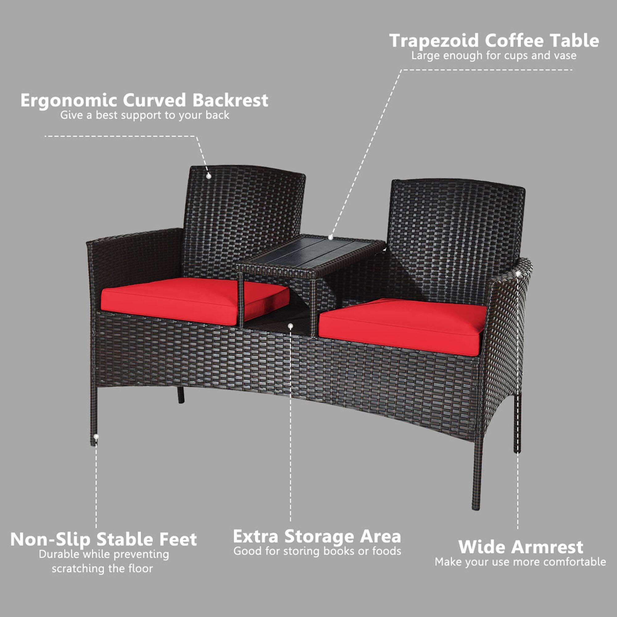 Trapezoid Coffee Table, Ergonomic Curved Backrest, Non-Slip Stable Feet, Extra Storage Area, Wide Armrest
