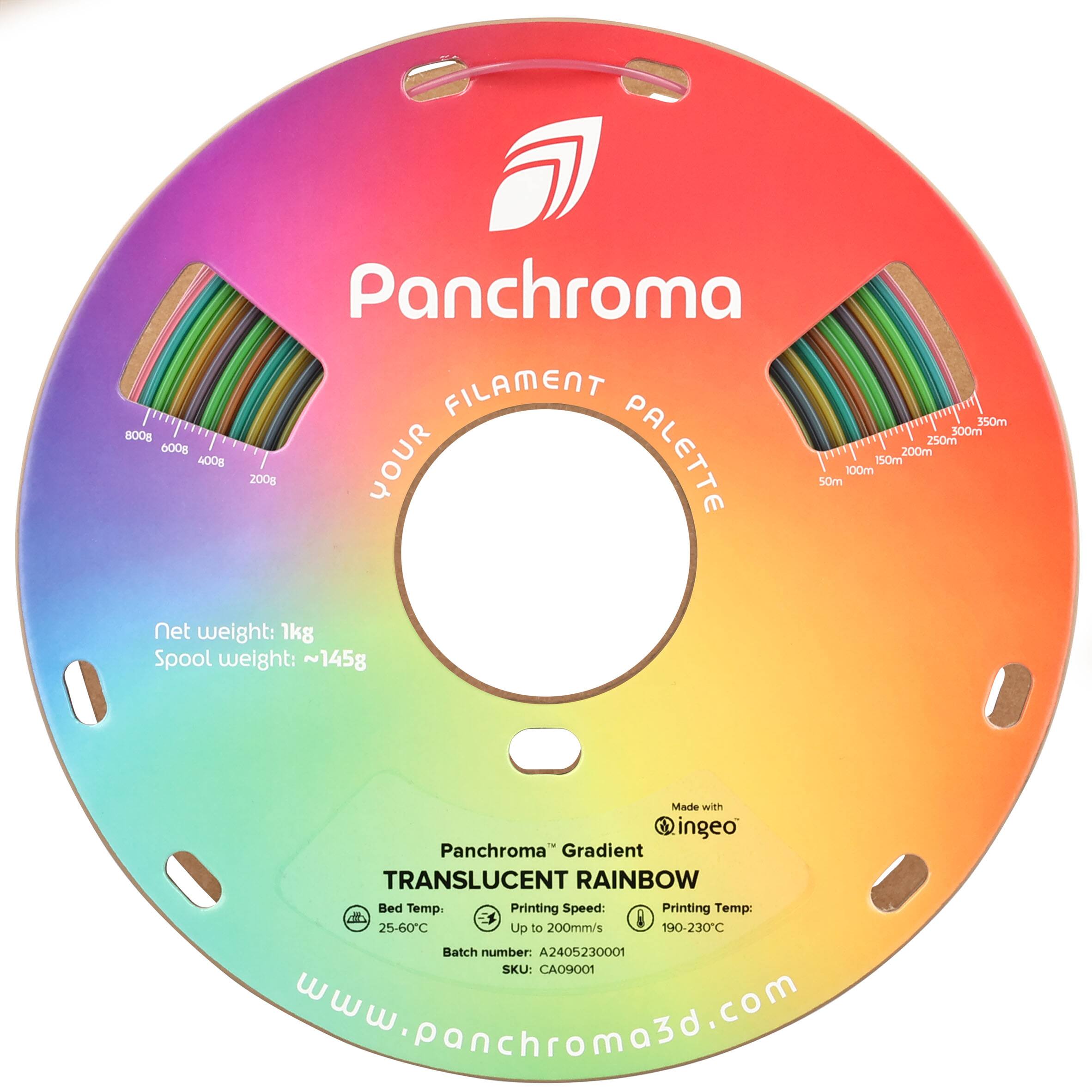 Panchroma FILAMENT 350m 8008 300m 250m 600 PALETTE 200m 400g YOUR 150m 100m 2008 50m Net weight: 1kg Spool weight: ~145g Made with ingeo Panchroma Gradient TRANSLUCENT RAINBOW Bed Temp. Printing Speed: Printing Temp:  25-60C Up to 200mm/s 190-230C Batch number: A2405230001 SKU: CA09001 [www.panchroma3d.com](http://www.panchroma3d.com)