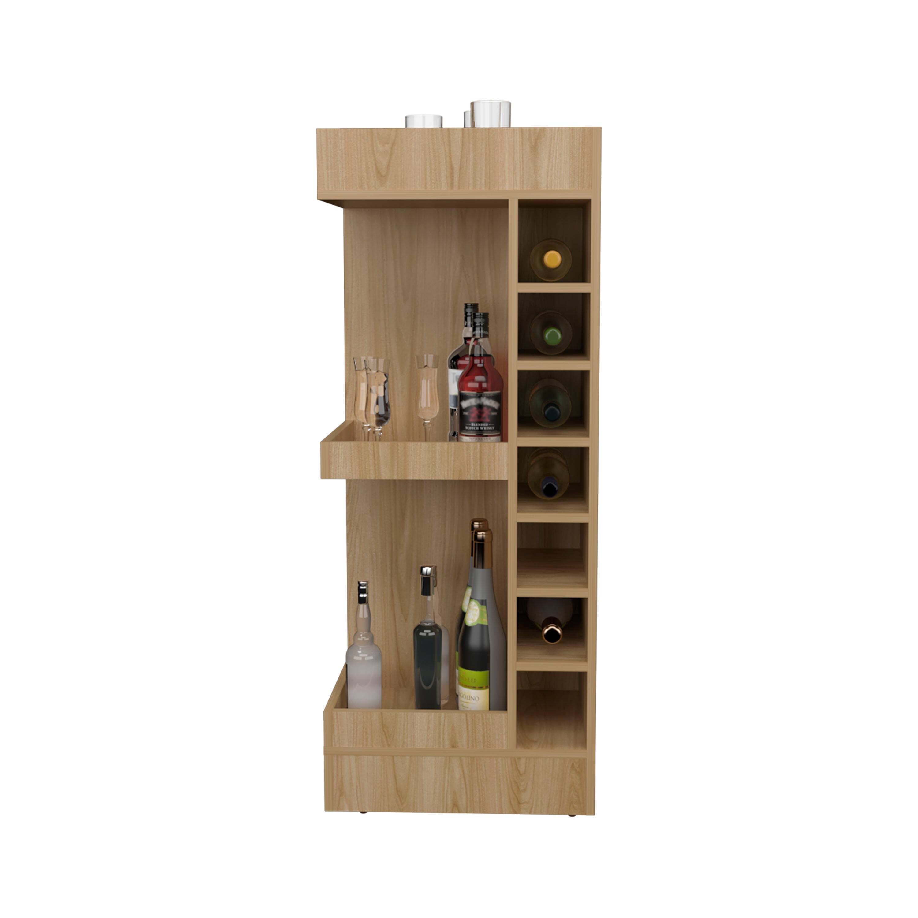 Alt View 1. TuHome - Lyman Tall 3-Tier Corner Bar Cabinet with Fourteen Wine Bottle Cubbies, Living Room, Liquor Cabinet, Storage Cabinet - Natural Oak.