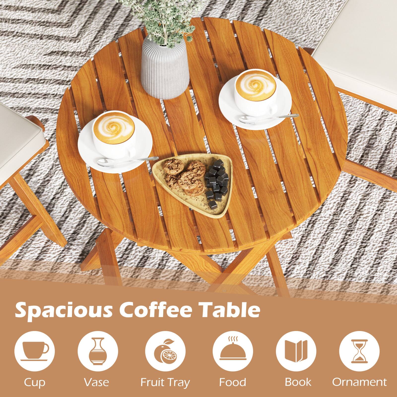 Spacious Coffee Table

Cup  
Vase  
Fruit Tray  
Food  
Book  
Ornament