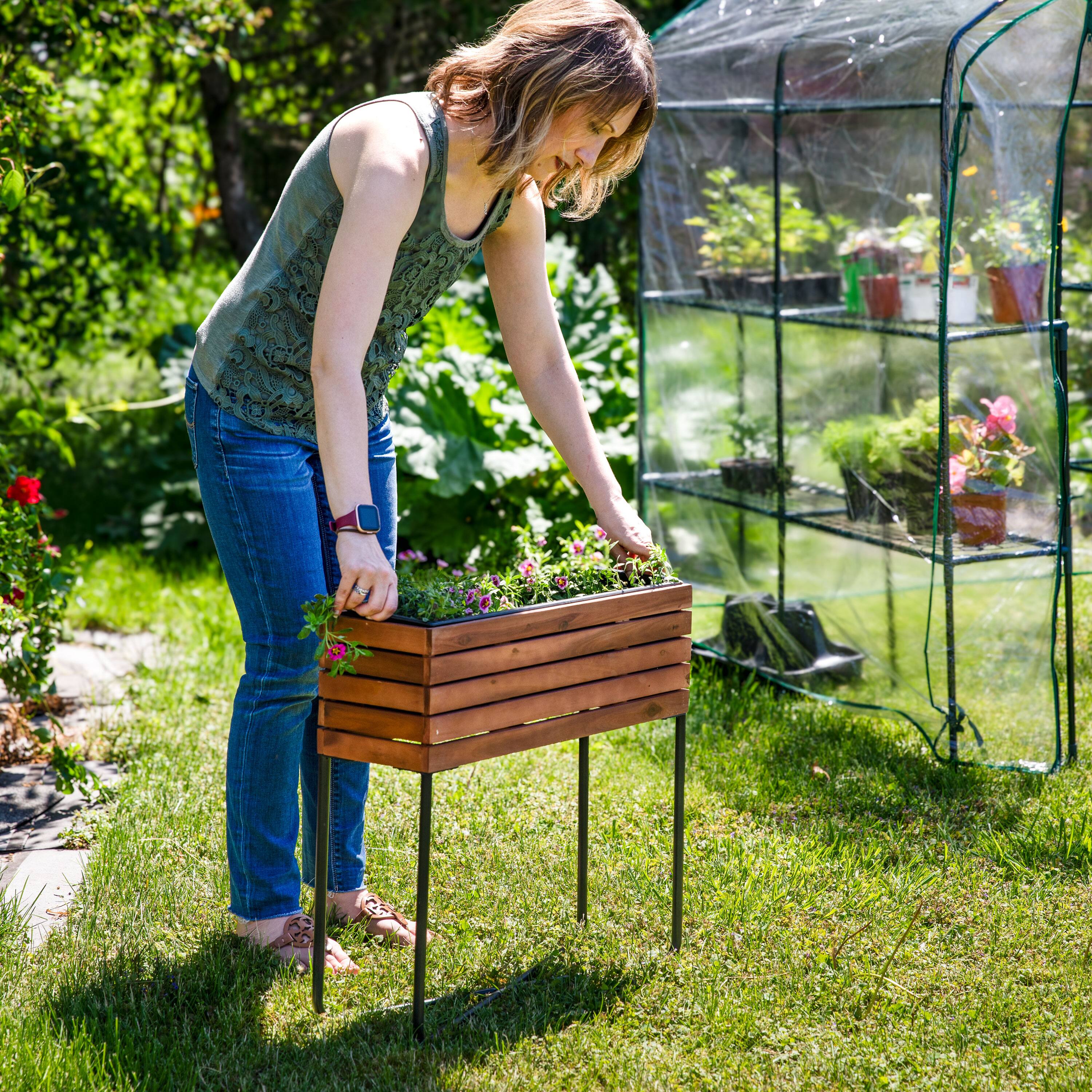 Alt View 3. Sunnydaze - Acacia Wood Slatted Planter Box with Oil-Stained Finish - Brown.