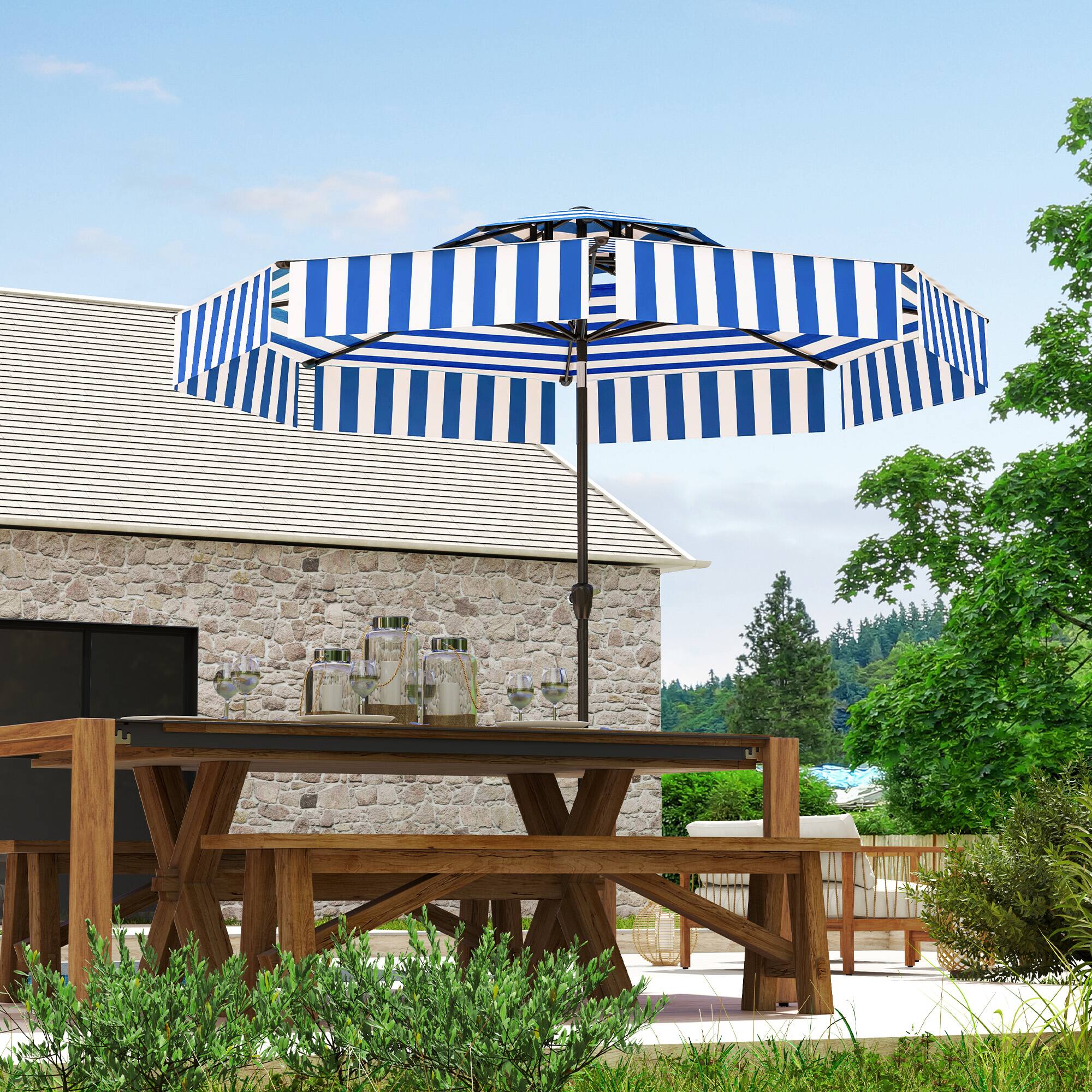 Angle. Outsunny - 8.6FT Patio Umbrella, UPF 30+ Outdoor Market Umbrella, 2-Tier Vented Patio Table Umbrella with Crank 8 Ribs - Navy Blue.