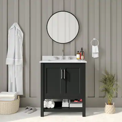 Front. Emma + Oliver - Vesta Bathroom Vanity, Single Sink Cabinet with 2 Soft Close Doors and Open Shelf, Carrara Marble Finish Countertop - Black Frame/Nickel Hardware.