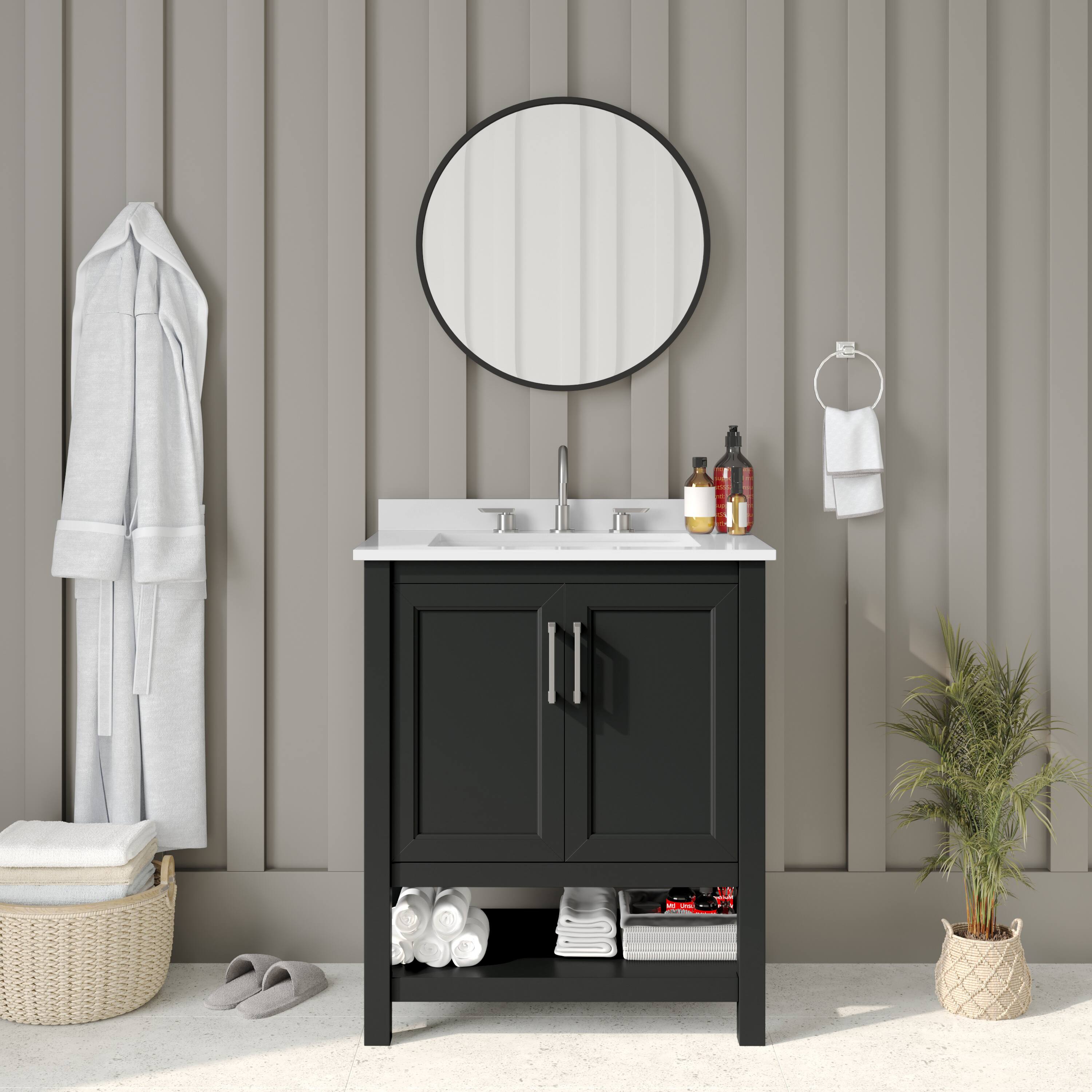 Front. Emma + Oliver - Vesta Bathroom Vanity, Single Sink Cabinet with 2 Soft Close Doors and Open Shelf, Carrara Marble Finish Countertop - Black Frame/Nickel Hardware.