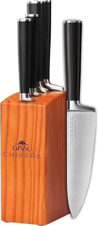 Ginsu - Chikara Series Forged 5-Piece Japanese Knife Set - with 420J Stainless Steel Kitchen Knives and Toffee Bamboo Block - Black