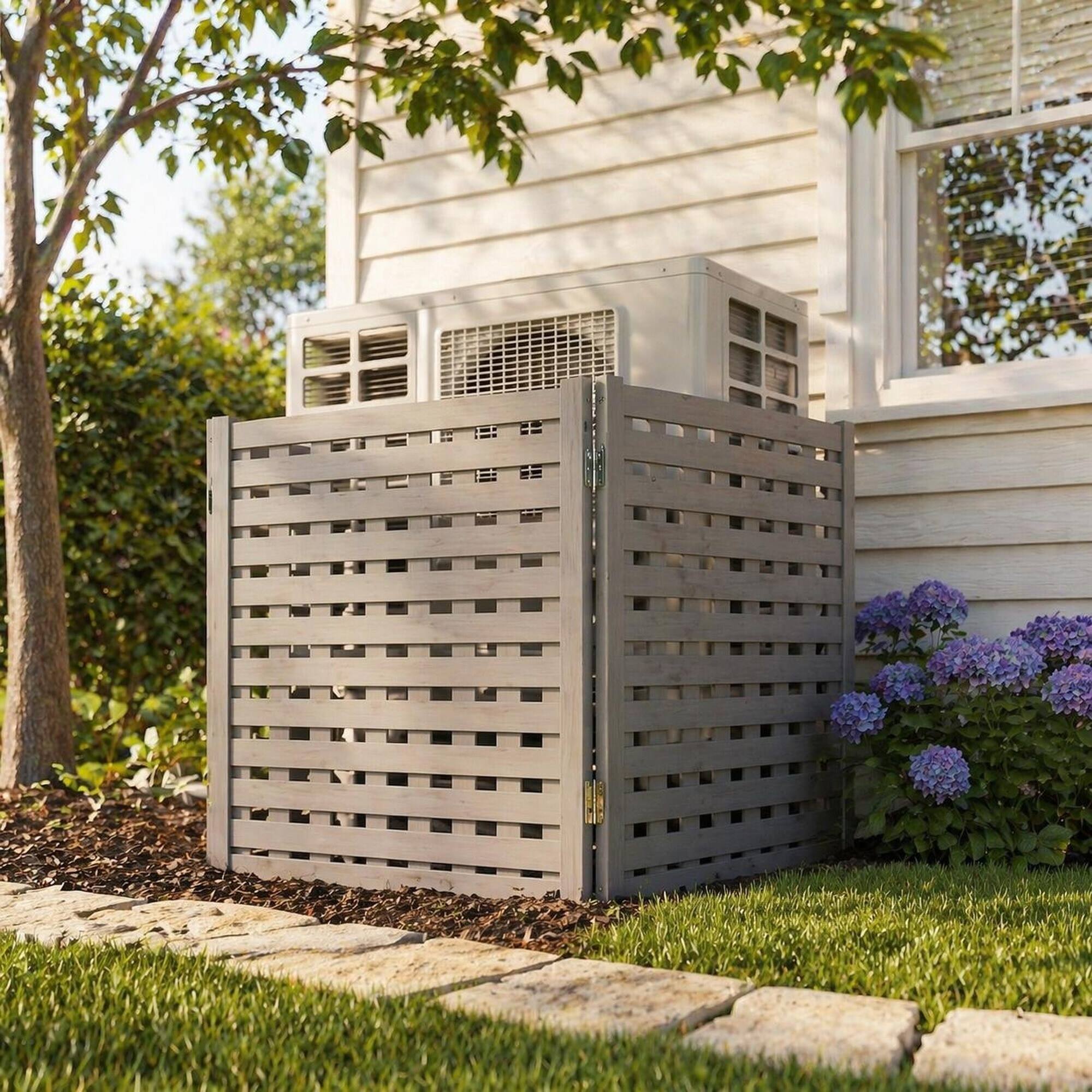 Alt View 2. RYHNUYNE - 3 Panel Wood Outdoor Privacy Fence Screen for Air Conditioner Cover, 32 x 38 Inch Garden Patio Enclosure - Grey.