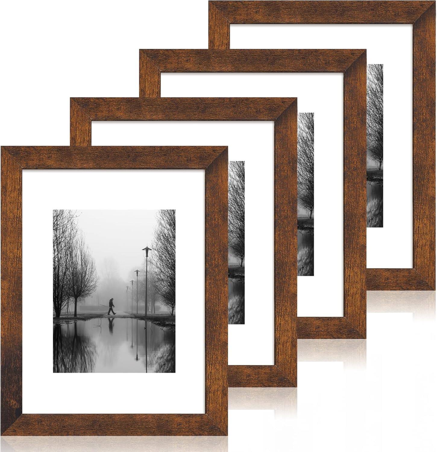 Front. blue - 8x10 Picture Frame Set of 4, High Definition Real Glass Rustic Brown Frame, 8 x 10 Wood Photo Frames for Deskt - colorDark Brown+size9X12.