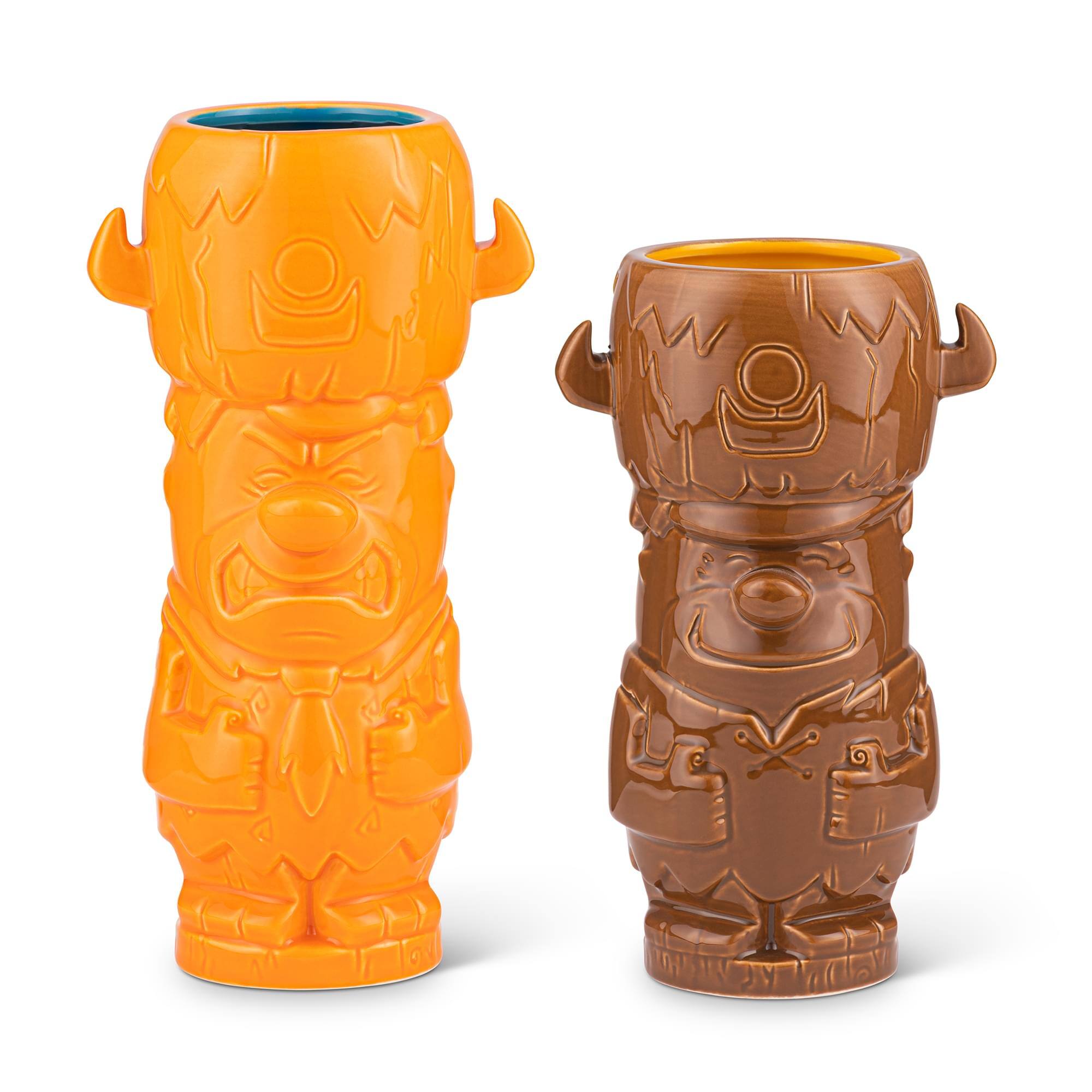 Front. ThinkGeek - Geeki Tikis The Flintstones Mug Set | Fred & Barney Tiki Mugs | Holds 28 Ounces - Orange.