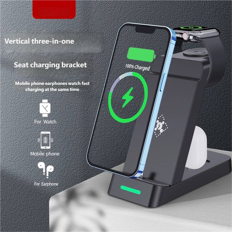 Vertical three-in-one  
Seat charging bracket  

Mobile phone earphones watch fast charging at the same time  

For Watch  
For Mobile phone  
For Earphone  

100% Charged