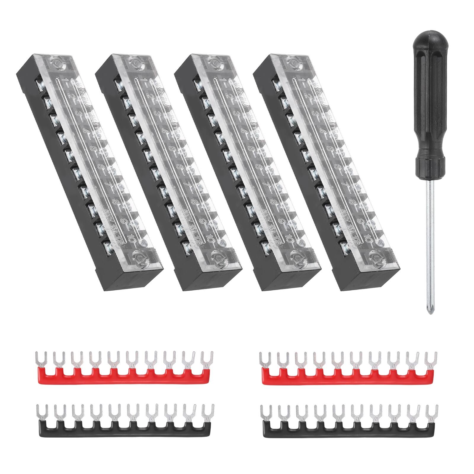 Front. Unique Bargains - Screw Terminal Block 10 Positions, Dual Row, 600V 15A, with Screwdriver & Terminals, 4 Sets - Black.