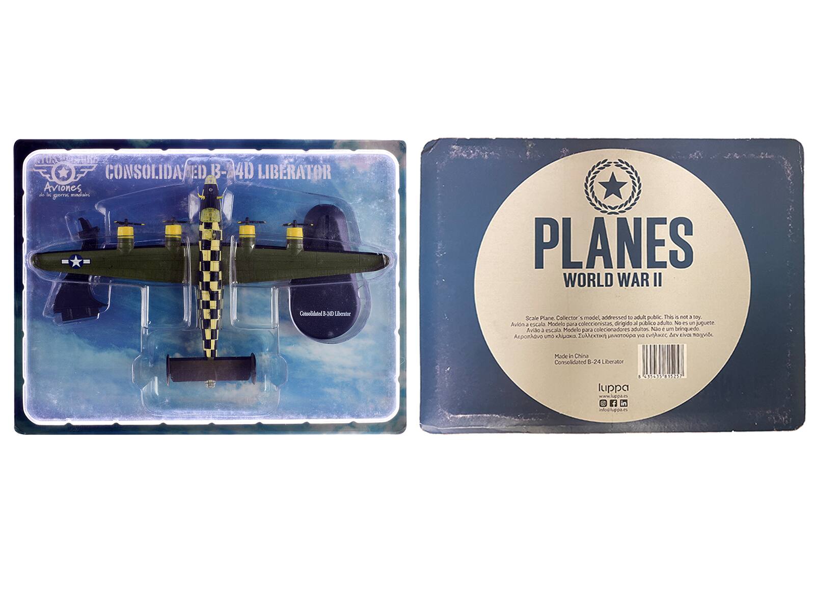 **Front of the Box:**

- **Top Left:** "Aviones de la guerra mundial"
- **Top Center:** "CONSOLIDATED B-24D LIBERATOR"
- **Bottom Left:** "Consolidated B-24D Liberator"
- **Bottom Right:** "Scale 1:72"

**Back of the Box:**

- **Top Left:** "Aviones - Planes World War II"
- **Top Center:** "Scale 1:72"
- **Top Right:** "Modela para coleccionistas, dirigido a público adulto. No es un juguete"
- **Middle:** "Modelo en China"
- **Bottom Left:** "Model in China"
- **Bottom Center:** "Consolidated B-24 Liberator"
- **Bottom Right:** "www.lippa.pl" with social media icons for Facebook, Instagram, and YouTube

**Side of the Box:**

- "Model in China"
- "Consolidated B-24 Liberator"