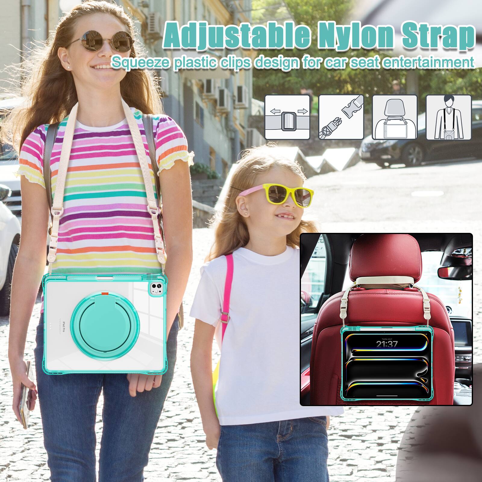 Adjustable Nylon Strap  
Squeeze plastic clips design for car seat entertainment