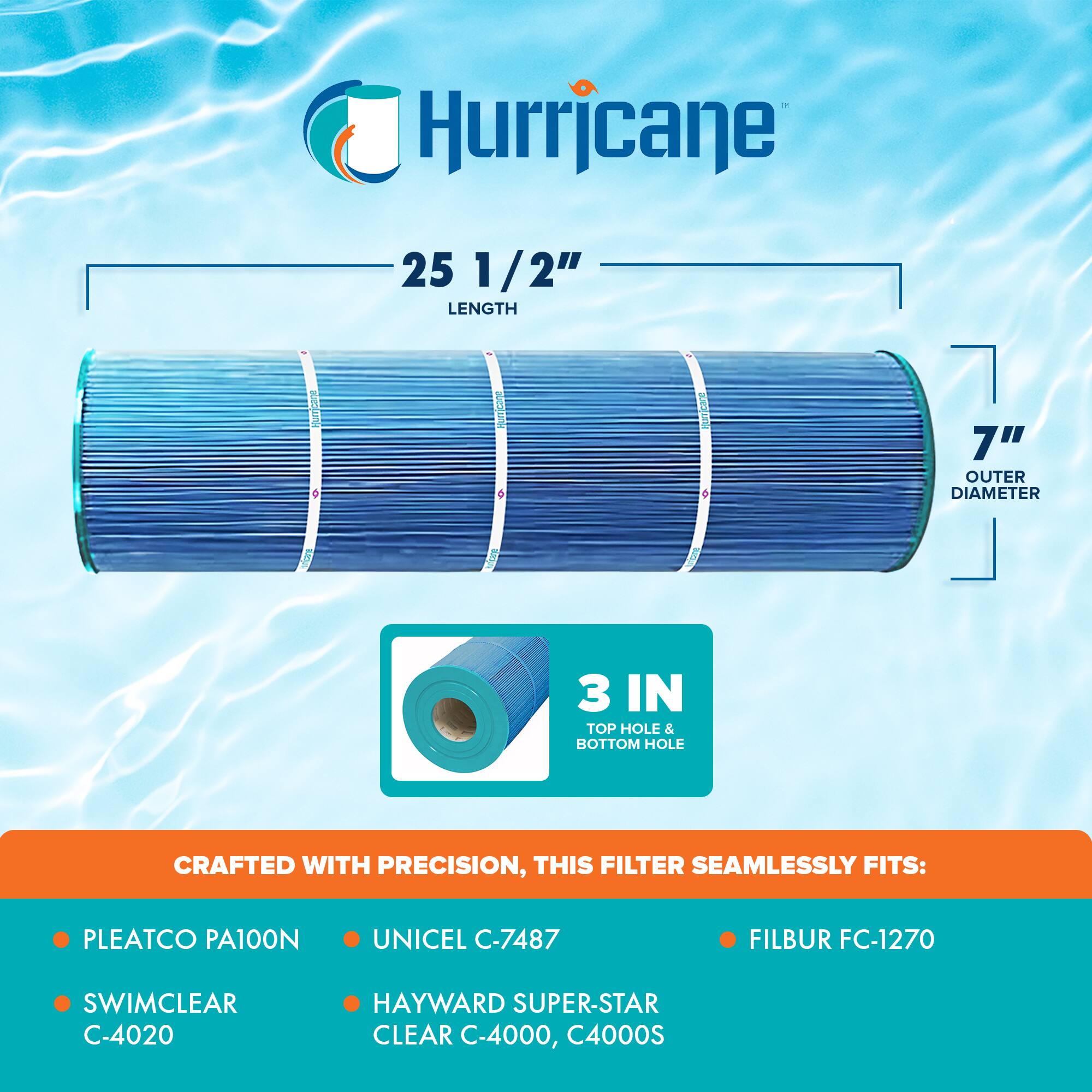 Hurricane

25 1/2" LENGTH

7" OUTER DIAMETER

3 IN TOP HOLE & BOTTOM HOLE

CRAFTED WITH PRECISION, THIS FILTER SEAMLESSLY FITS:

- PLEATCO PA100N
- SWIMCLEAR C-4020
- UNICEL C-7487
- HAYWARD SUPER-STAR CLEAR C-4000, C4000S
- FILBUR FC-1270