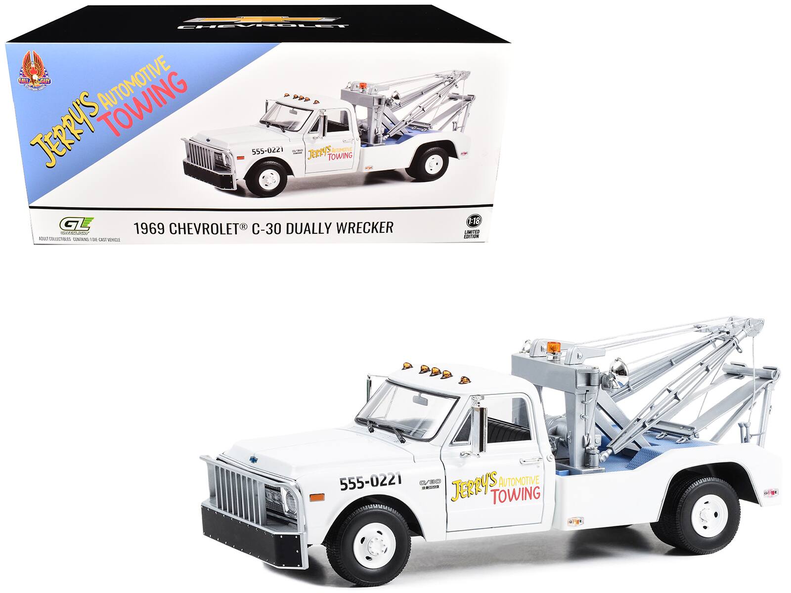 CHEVROLET  
PP9 TOWING - JERRY'S 555-0221  
Jerry's Towing  
GL  
1969 CHEVROLET R C-30 Dually Wrecker  
Alad DACTBES UAIAN i SAU WRDr 7:18 LIMITED EDITION 9  
DDD 555-0221  
D E JERRY'S AUTOMOTIVE TOWING