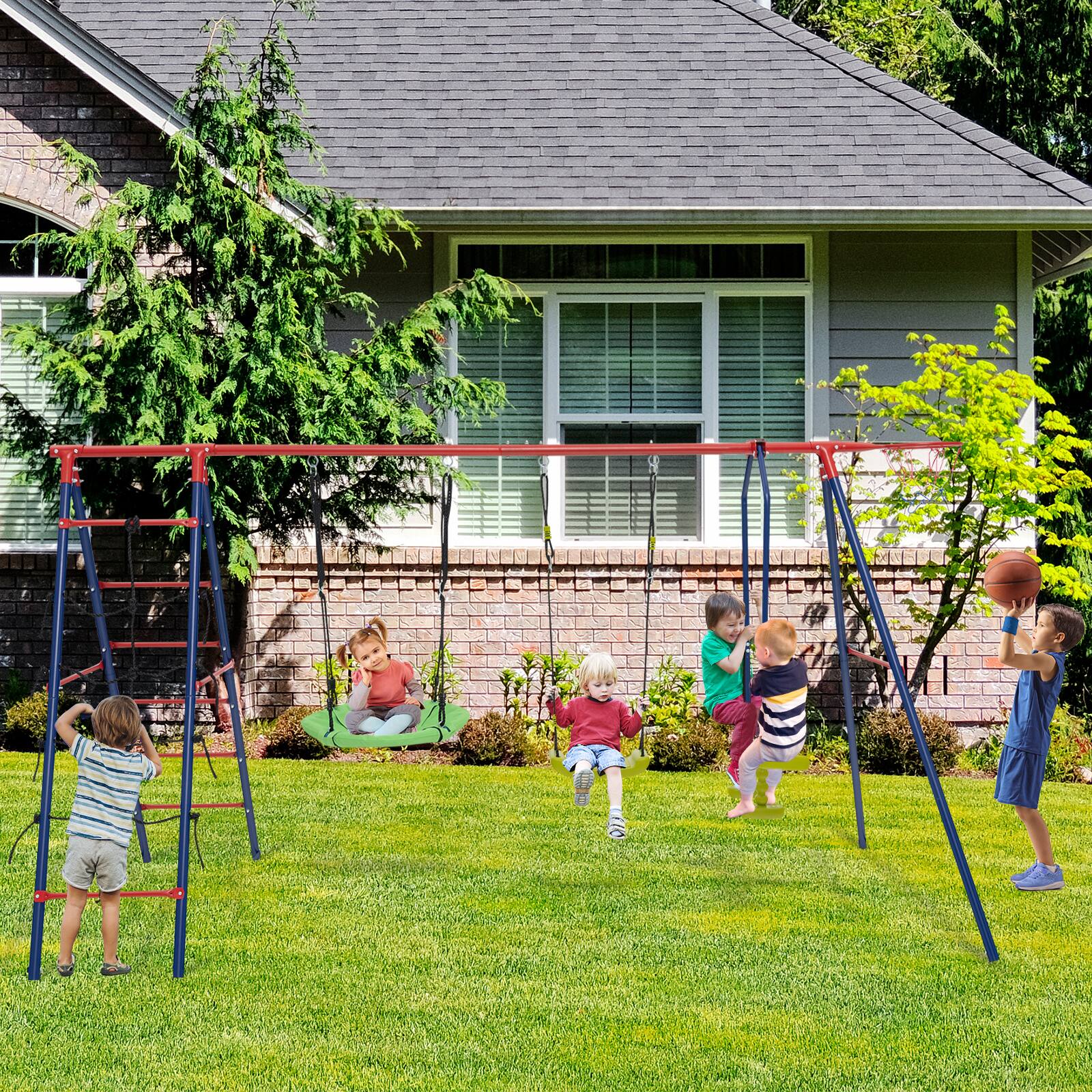 Alt View 2. Costway - Costway Swing Set for Backyard with 2 Height Adjustable Swings Glider Basketball Hoop - Red.