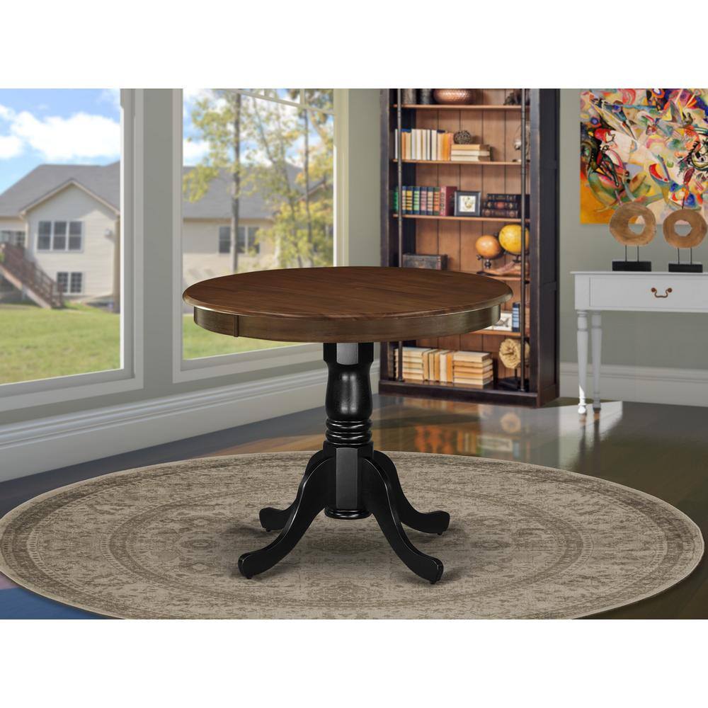 Angle. East West Furniture - AMT-WBK-TP Antique Dining Table Made of Rubber Wood offering Walnut Finish, 36 Inch Round, Wirebrushed Black Pedestal - Brown.