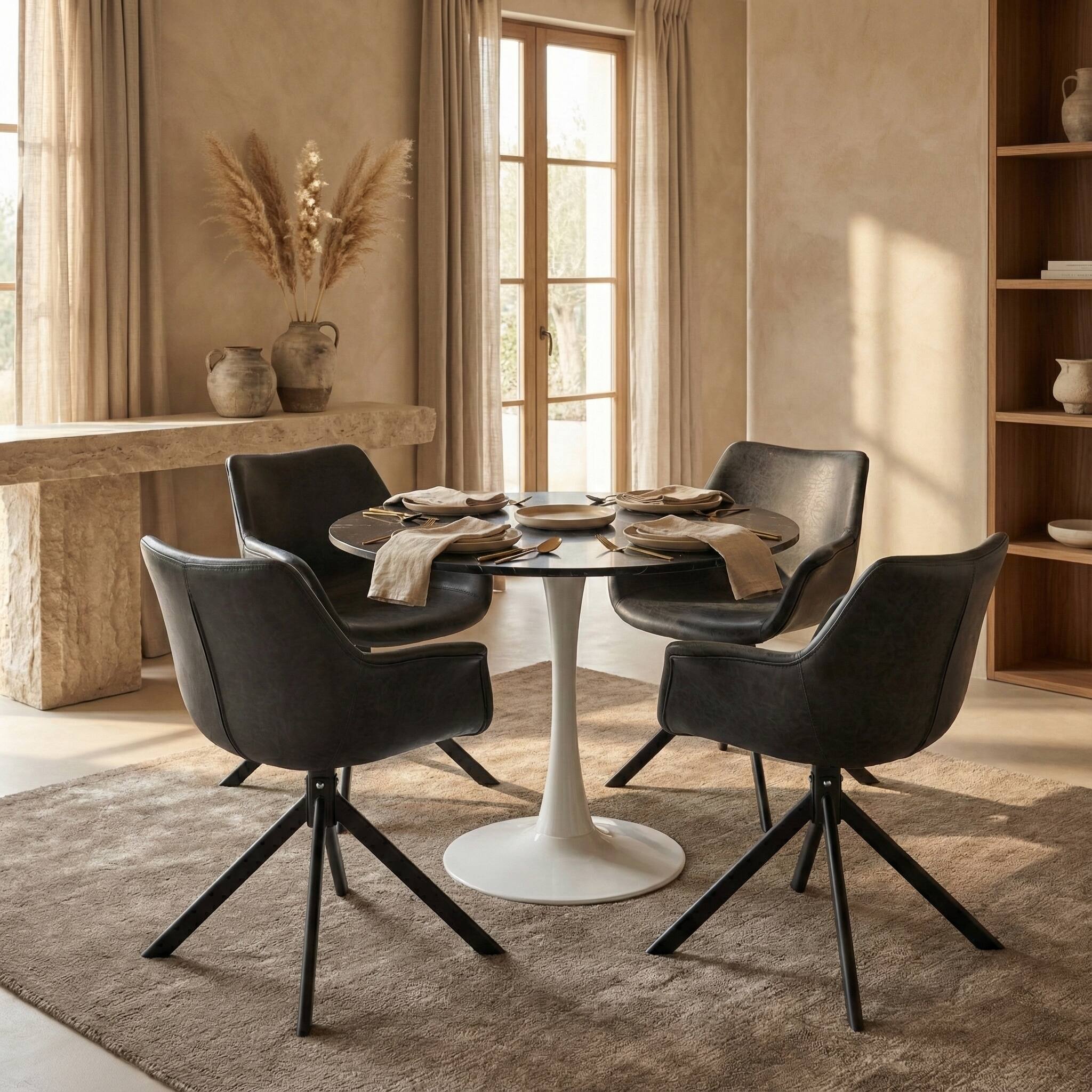 Angle. LeisureMod - Bristol 31" Mid-Century Round Kitchen Table - Heavy-Duty Pedestal Base, Scratch-Resistant Stone or Wood Top - MDF - Marbled Black.