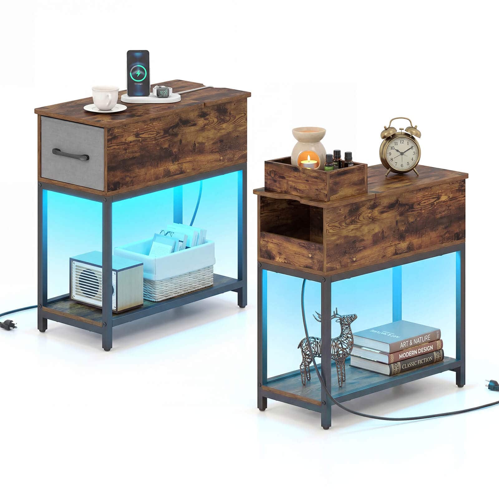 Costway - 2 PCS Narrow Side Table with Charging Station, LED Lights, Fabric Drawer for Bedroom - Rustic Brown + Gray