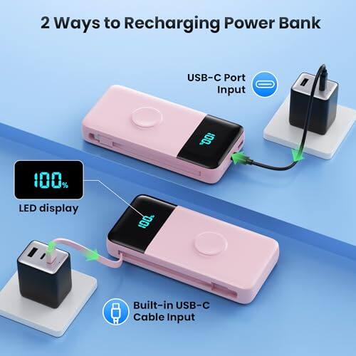 2 Ways to Recharging Power Bank

USB-C Port Input

100% LED display

100%

Built-in USB-C Cable Input