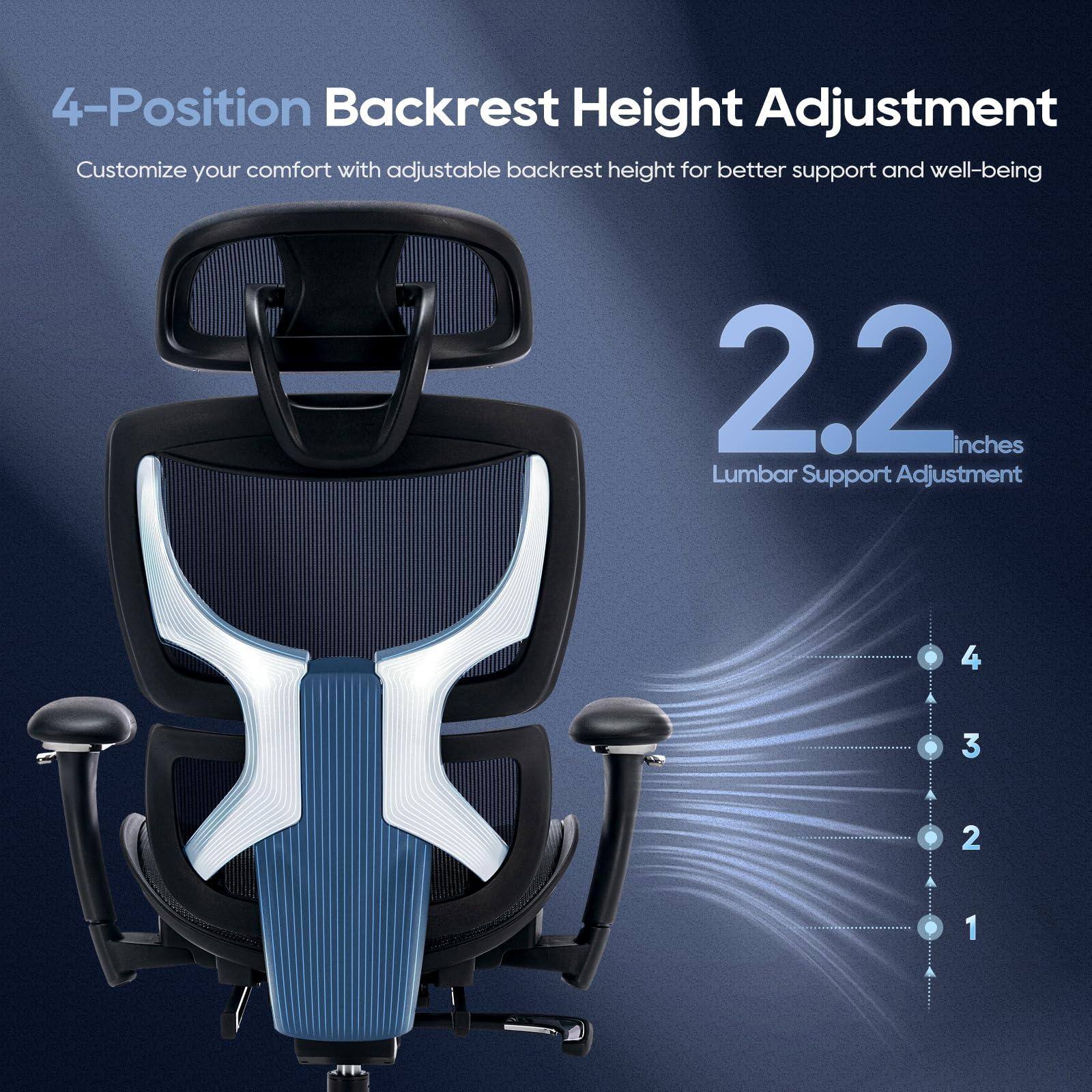 4-Position Backrest Height Adjustment  
Customize your comfort with adjustable backrest height for better support and well-being  

2.2 inches  
Lumbar Support Adjustment  

4  
3  
2  
1