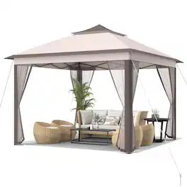 Gymax - 11 x 11 ft Pop up Gazebo 2-Tier Patio Canopy Tent Shelter w/ Carrying Bag - Beige