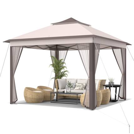 Front. Gymax - Gymax 11 x 11 ft Pop up Gazebo 2-Tier Patio Canopy Tent Shelter w/ Carrying Bag Beige - Beige.