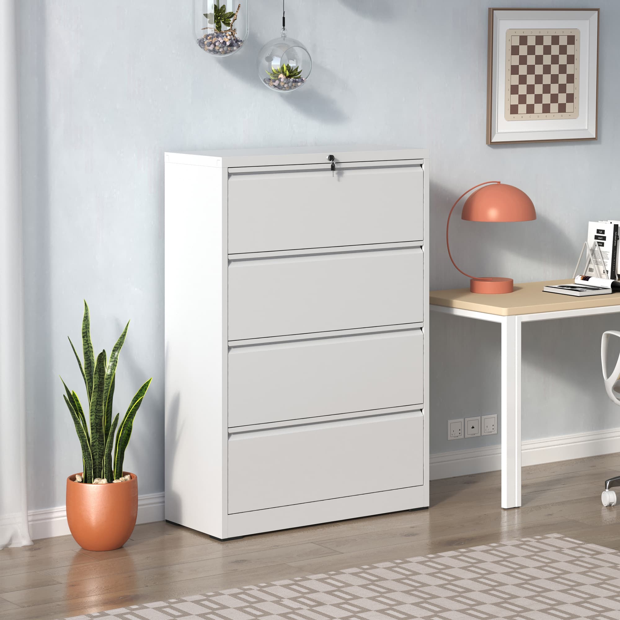 Left. Lycvki - 4-Drawer Lockable White Lateral File Cabinet - Legal/Letter/A4/F4 Size - white.