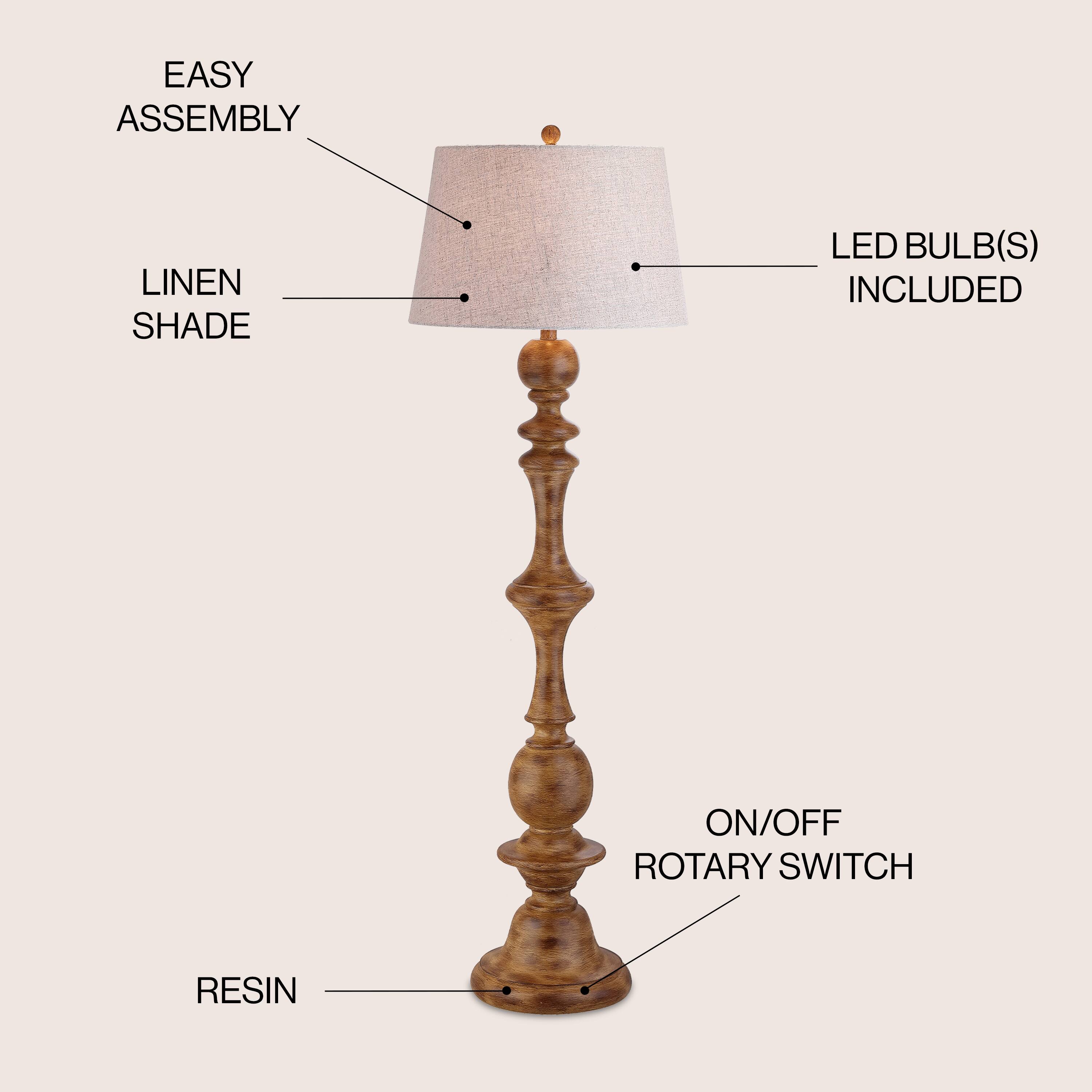 EASY ASSEMBLY  
LINEN SHADE  
LED BULB(S) INCLUDED  
ON/OFF ROTARY SWITCH  
RESIN