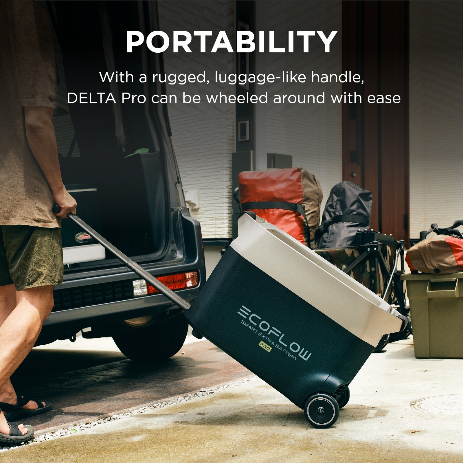 Portability: With a rugged, luggage-like handle, DELTA Pro can be wheeled around with ease. ECOFLOW SMART EXTRA BATTERY PORTABILITY: With a rugged, luggage-like handle, DELTA Pro can be wheeled around with ease. ECOFLOW SMART EXTRA BATTERY
