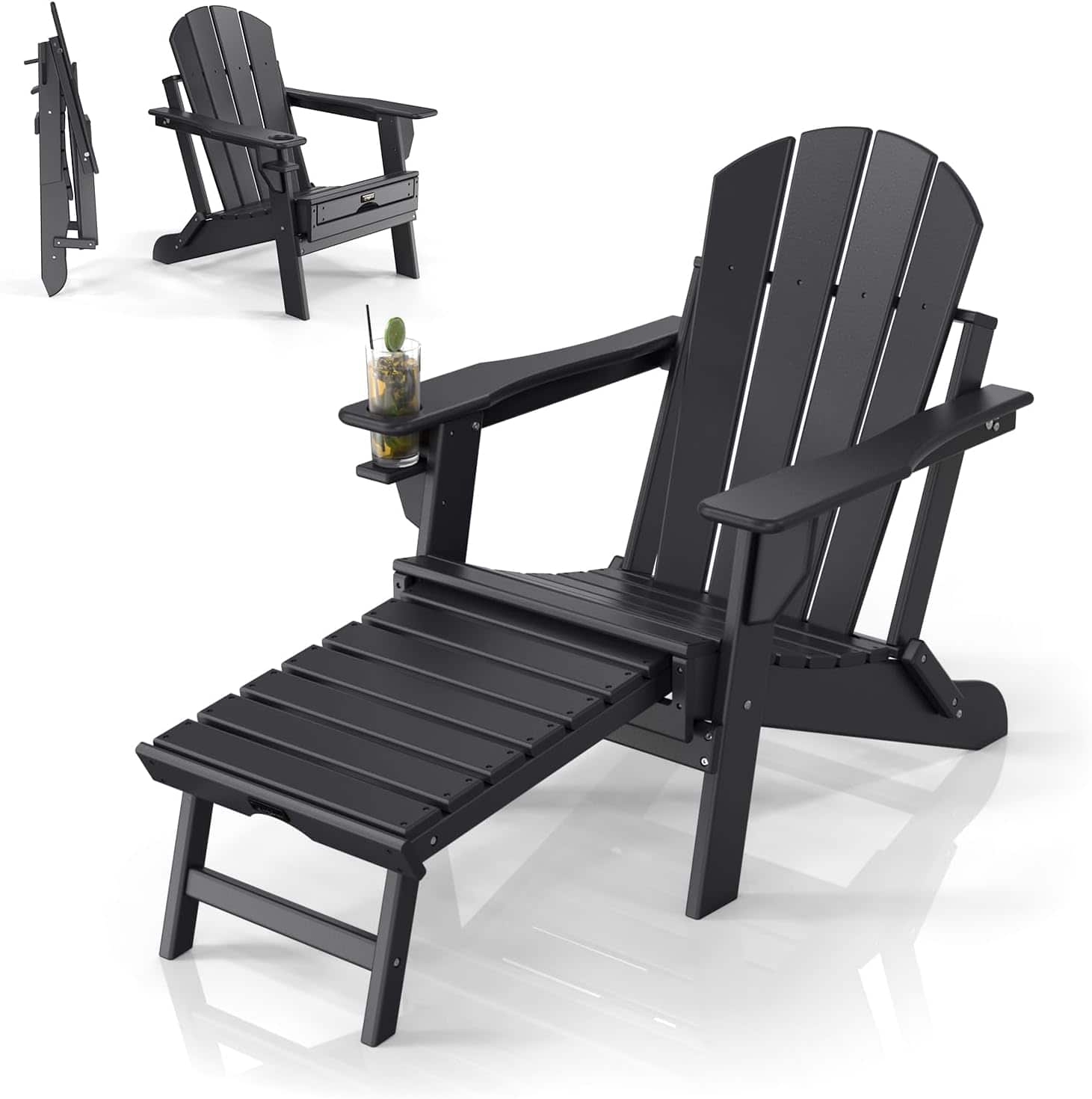Front. Winado - Folding Adirondack Chair with Cup Holder, Hidden Footrests, Foldable Ergonomics Seating for Outdoor Porch Yard Garden - Black.