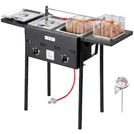 VEVOR - Outdoor Propane Deep Fryer, Dual-Tank 8QTx2 Commercial Fryer, Stainless Steel Cooker with Foldable Platform, Dual Basket - Black