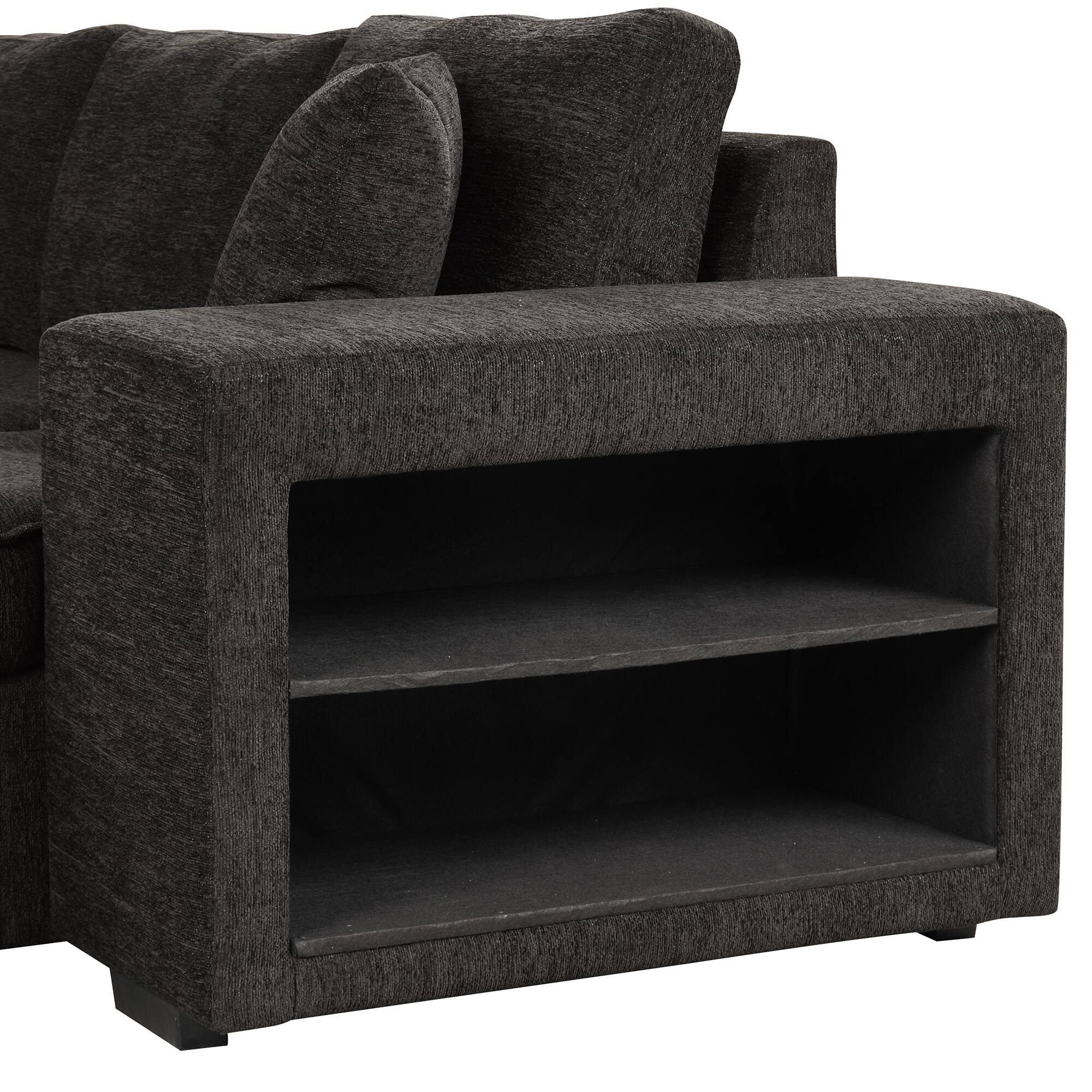 Alt View 4. LUCKY ONE - 104.5" L-Shape Reversible Pull-Out Sleeper Sectional Sofa with Storage Chaise & 2 Stools - Charcoal grey.
