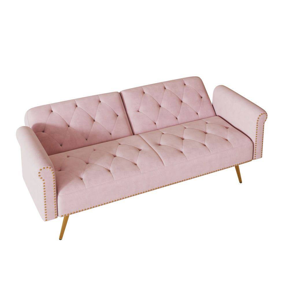 Alt View 6. Kadyn - 69.7" Velvet Sofa Bed with Nail Head Trim & Matching Throw Pillow - Pink.