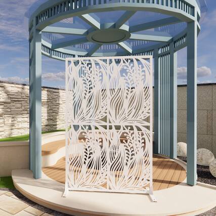 Front. Loheer - 3.8 ft x 6 ft Metal Privacy Screen Freestanding Room Divider for Patio Balcony Garden Leaf Pattern - White.