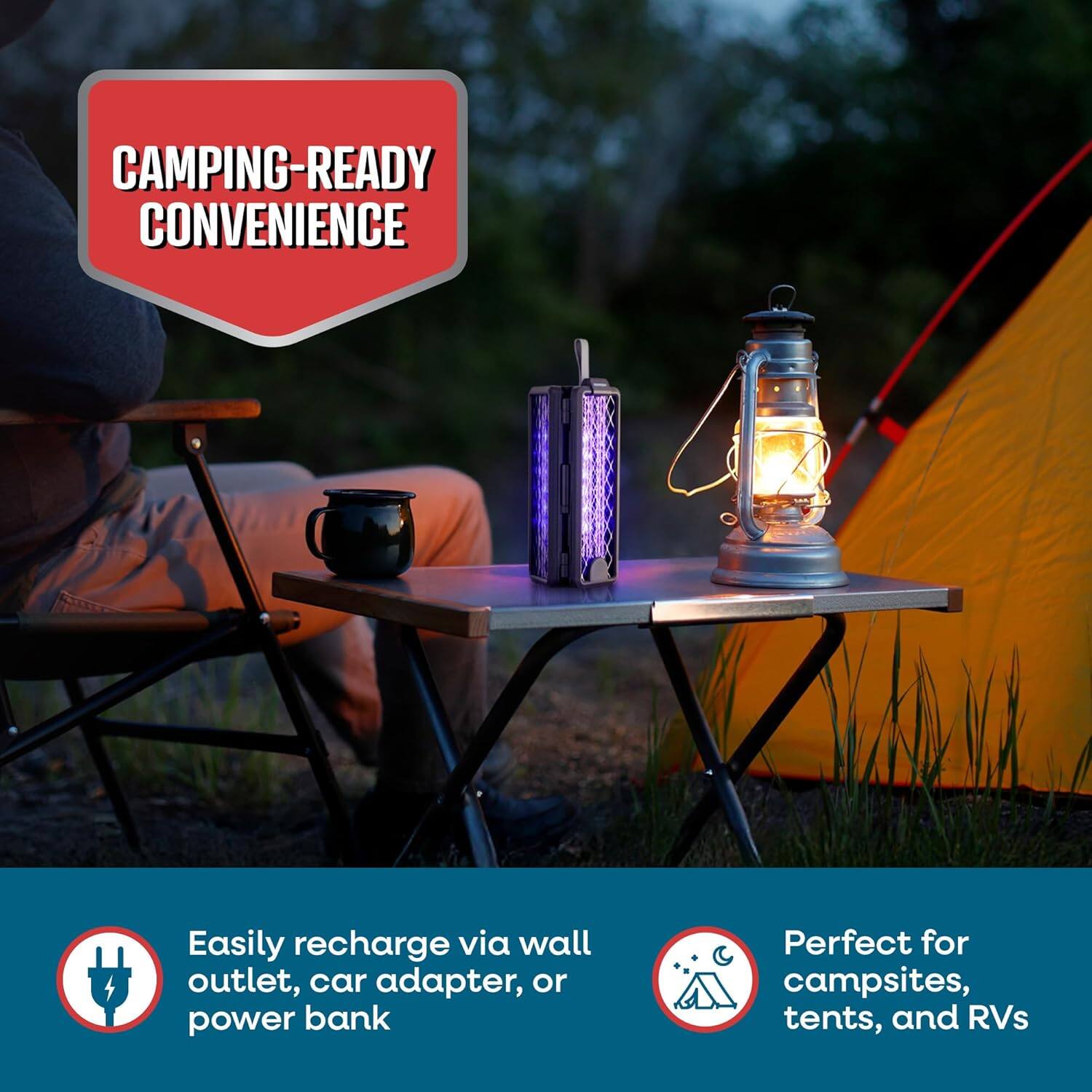 CAMPING-READY CONVENIENCE

Easily recharge via wall outlet, car adapter, or power bank

Perfect for campsites, tents, and RVs