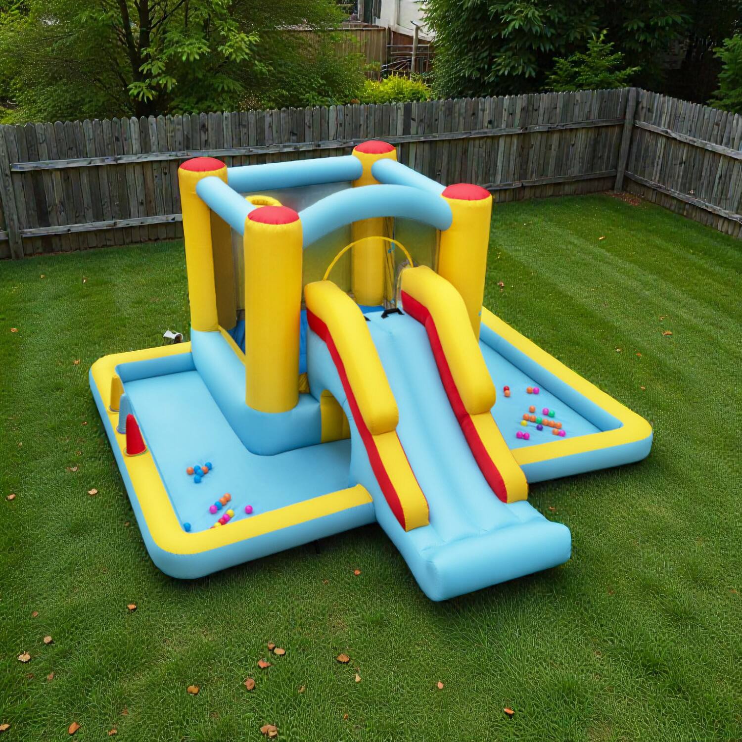 Front. BreeBe - Deluxe 7-in-1 Inflatable Jumping Castle with Slide and Tunnel, Blower Excluded - Multicolor.