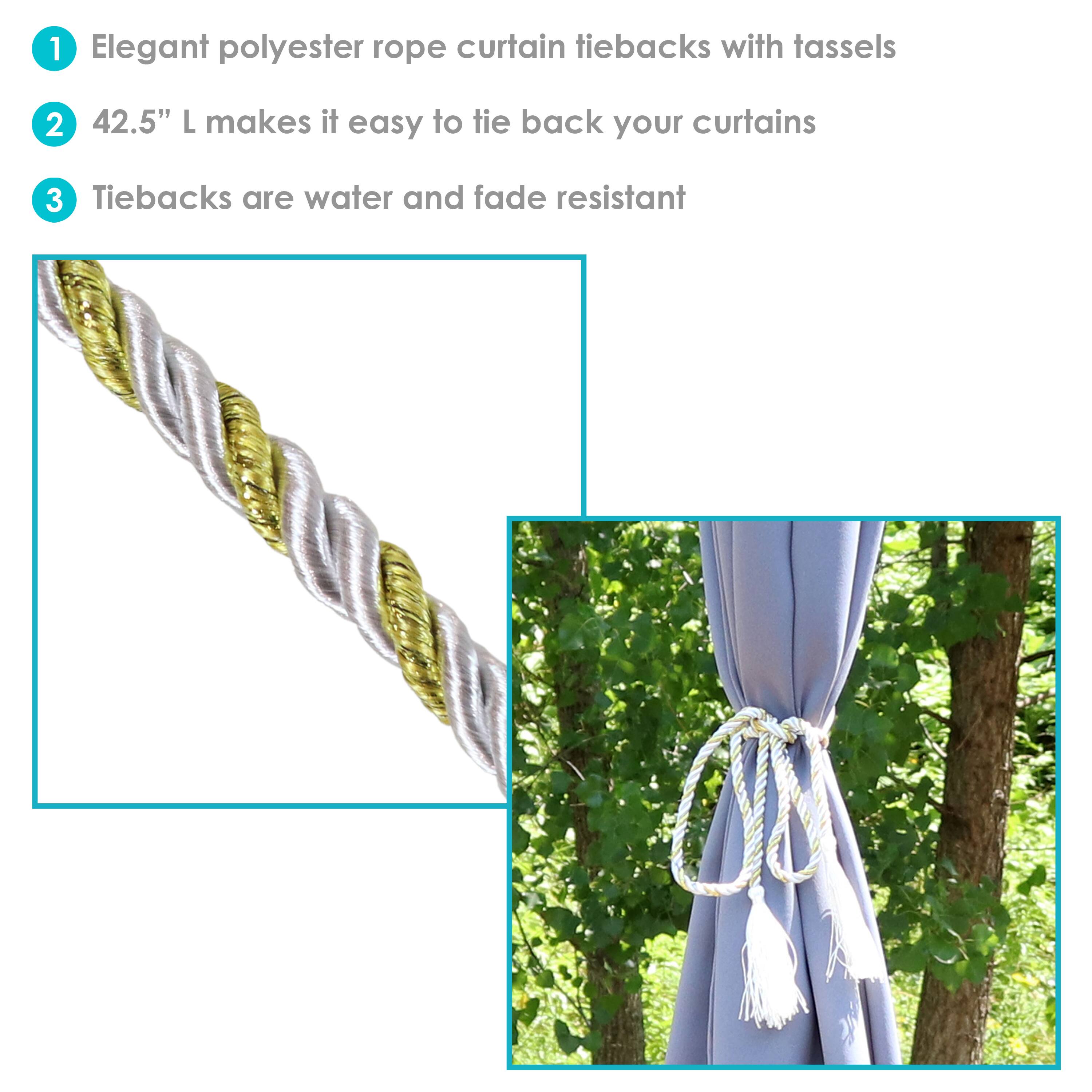 1. Elegant polyester rope curtain tiebacks with tassels
2. 42.5" L makes it easy to tie back your curtains
3. Tiebacks are water and fade resistant