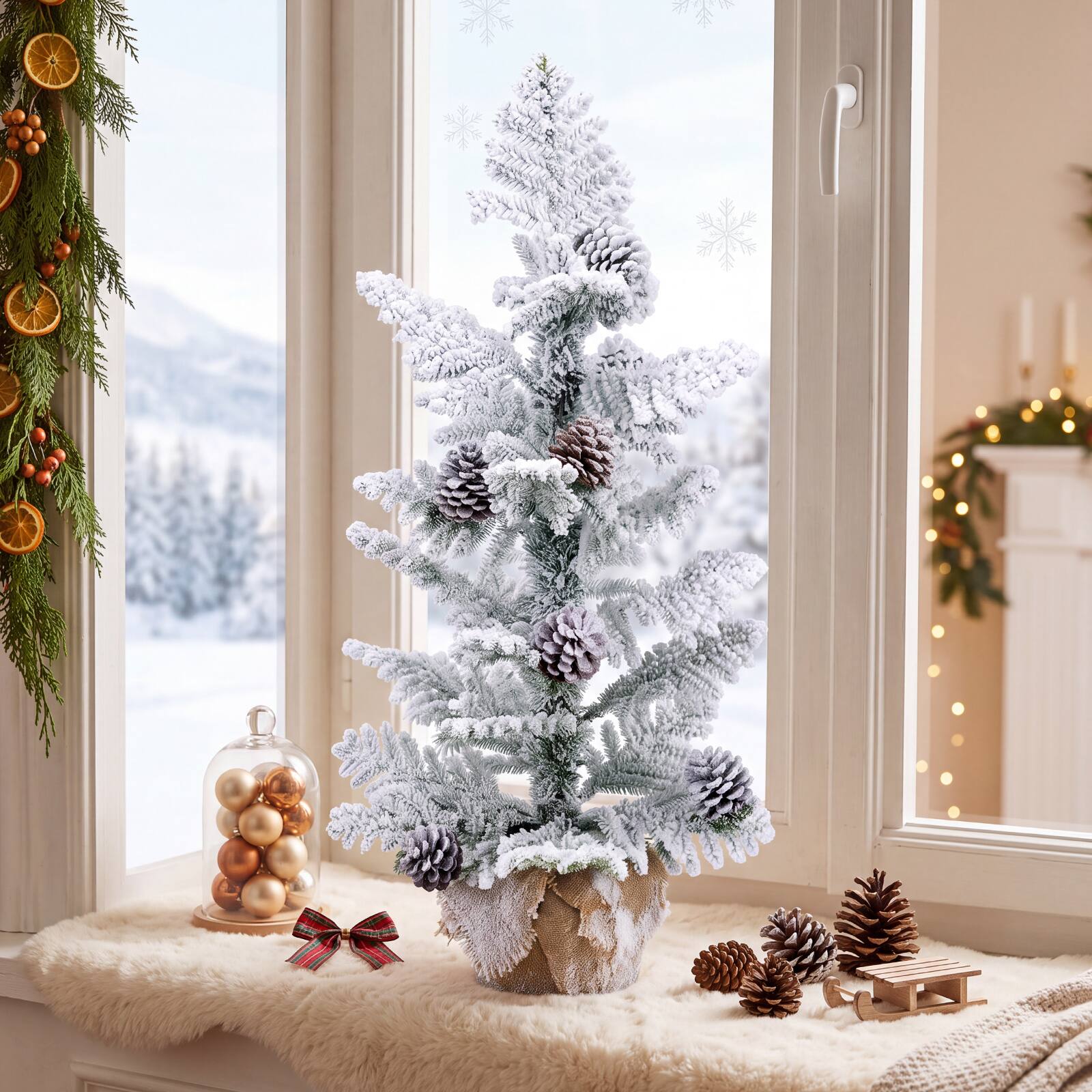 Alt View 4. Costway - Costway 3 ft Unlit Holiday Decoration Tree with 25 Cypress PE Leaves, 7 Natural Pine Cones - Green & White.