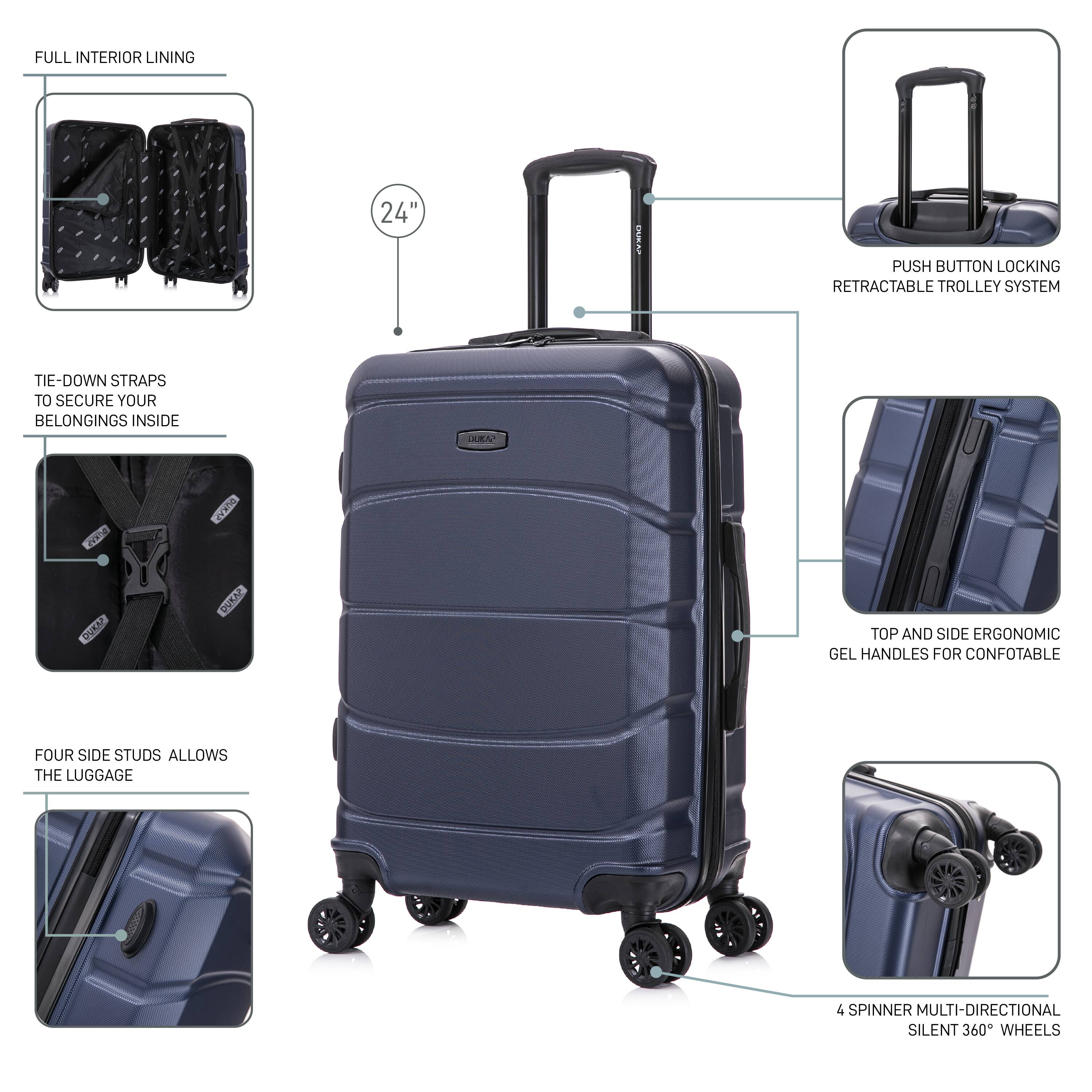 - FULL INTERIOR LINING
- 24" PUSH BUTTON LOCKING RETRACTABLE TROLLEY SYSTEM
- TIE-DOWN STRAPS TO SECURE YOUR BELONGINGS INSIDE
- FOUR SIDE STUDS ALLOWS THE LUGGAGE
- TOP AND SIDE ERGONOMIC GEL HANDLES FOR COMFORTABLE
- 4 SPINNER MULTI-DIRECTIONAL SILENT 360° WHEELS