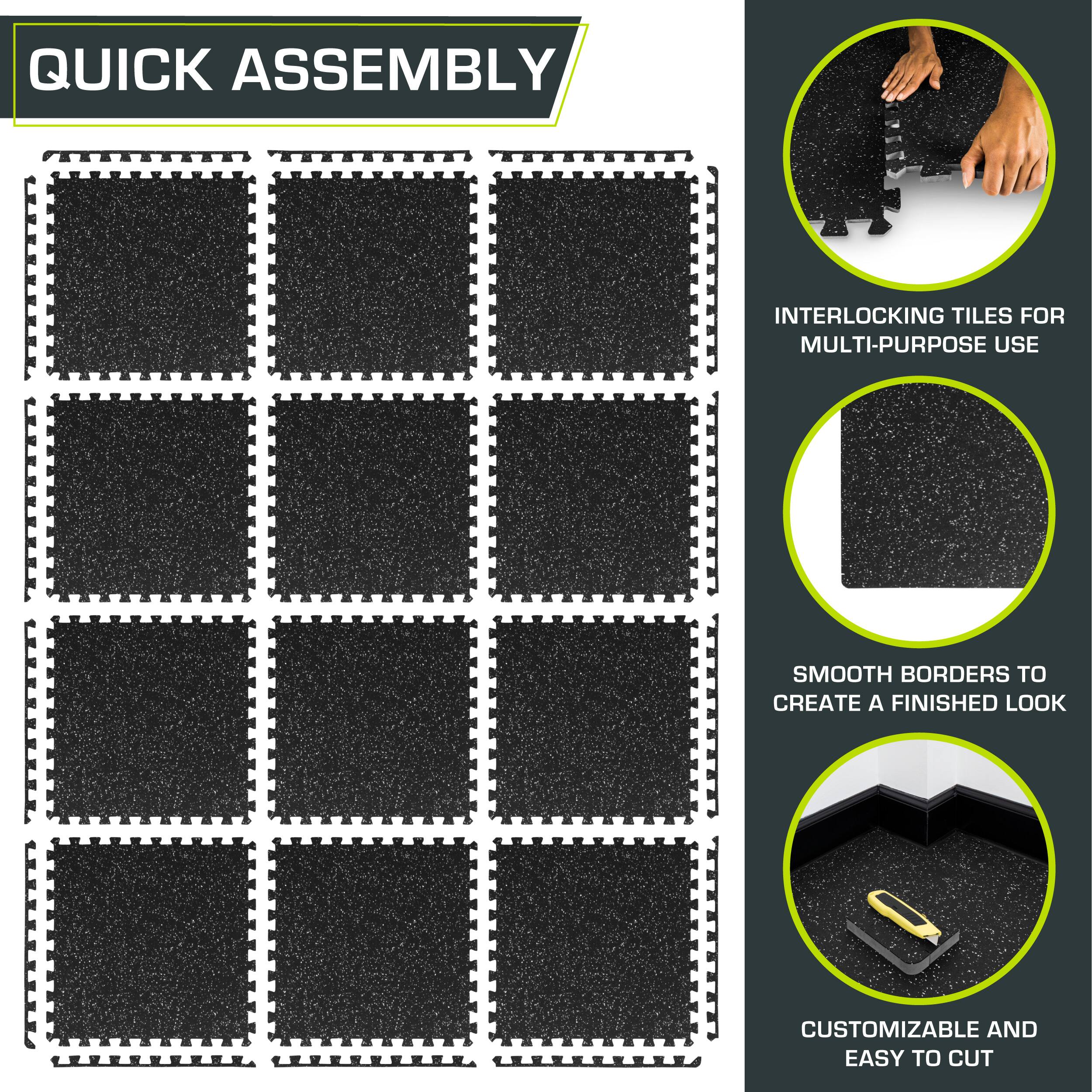 Quick Assembly Interlocking Tiles for Multi-Purpose Use. Smooth Borders to Create a Finished Look. Customizable and Easy to Cut.