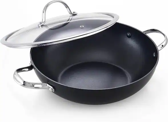 Front. Cooks Standard - Classic 12'' 5Qt Hard Anodized Nonstick Chef's Pan Wok Stir Fry Pan with glass Lid,,Induction,Oven Safe, Black - black.