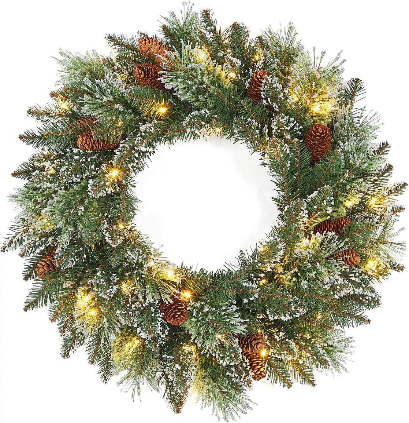 Front. Jojoka - 24-in Green Christmas Wreath Pre-Lit Artificial for Indoor Outdoor Holiday Decorations - Green.