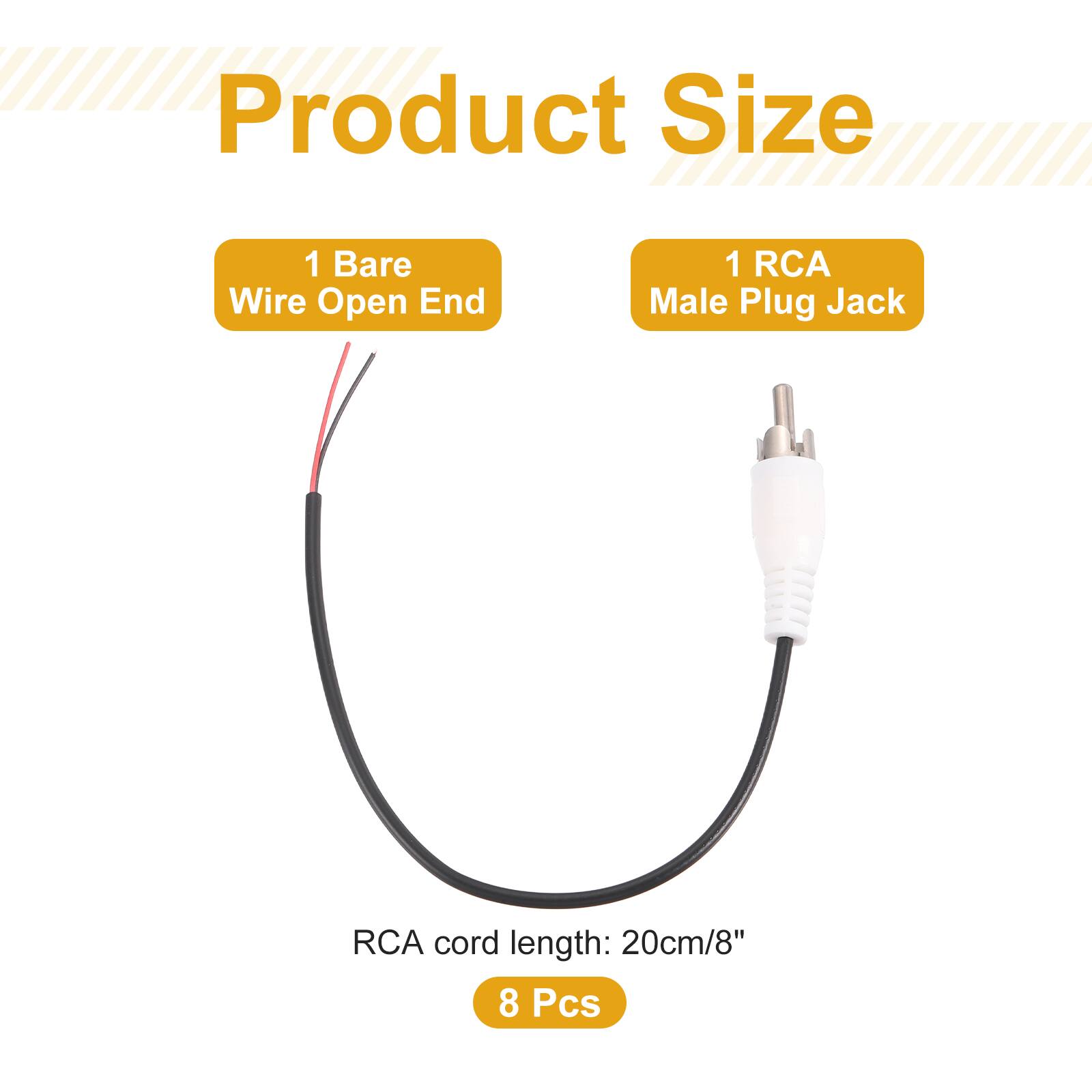 Product Size  
1 Bare Wire Open End  
1 RCA Male Plug Jack  
RCA cord length: 20cm/8"  
8 Pcs