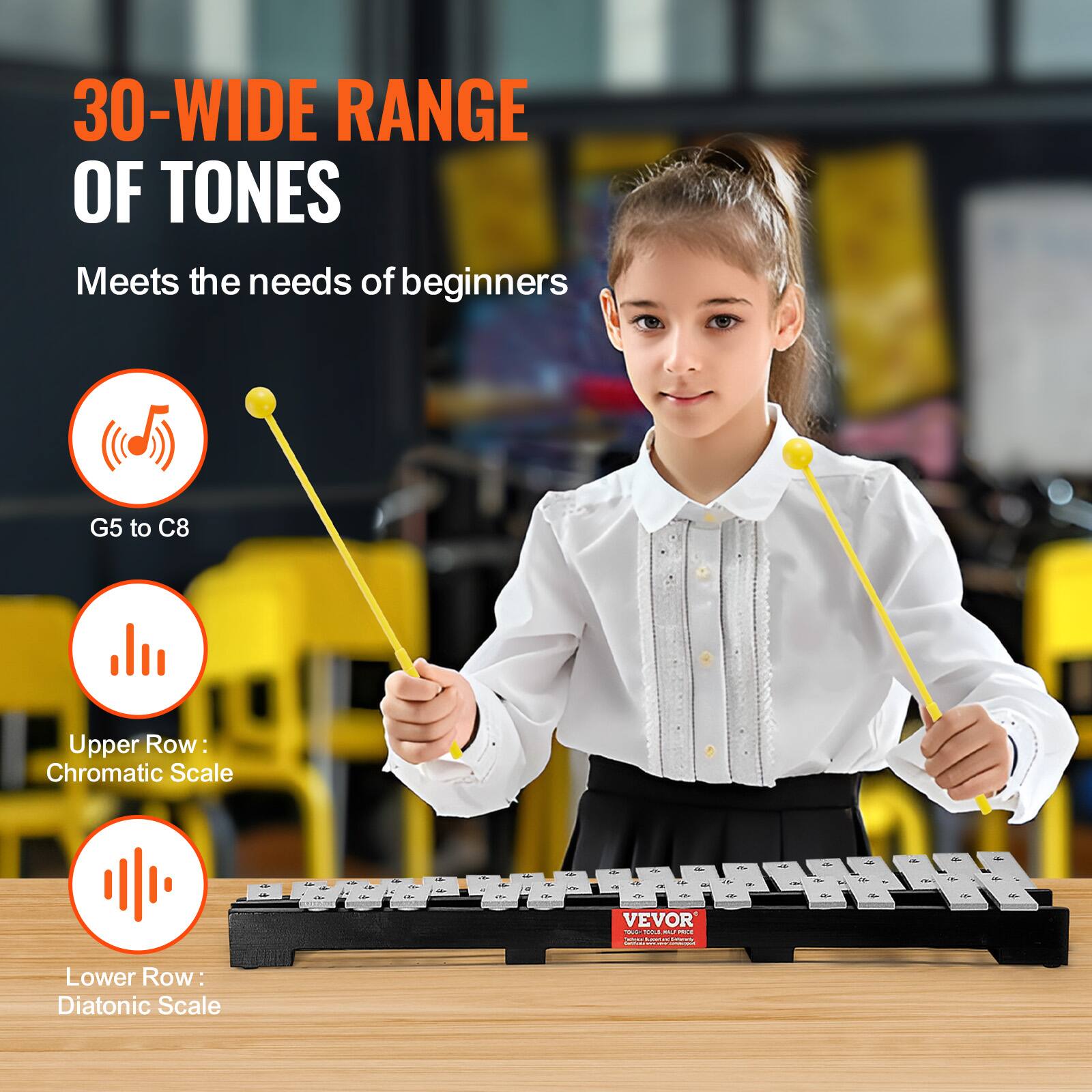 30-WIDE RANGE OF TONES  
Meets the needs of beginners  
G5 to C8  
Upper Row: Chromatic Scale  
Lower Row: Diatonic Scale
