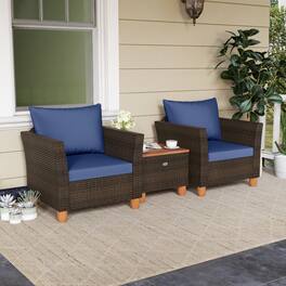 Gymax - 3 PCS Patio PE Wicker Furniture Set Outdoor Conversation Bistro Set w/ Cushions - Navy