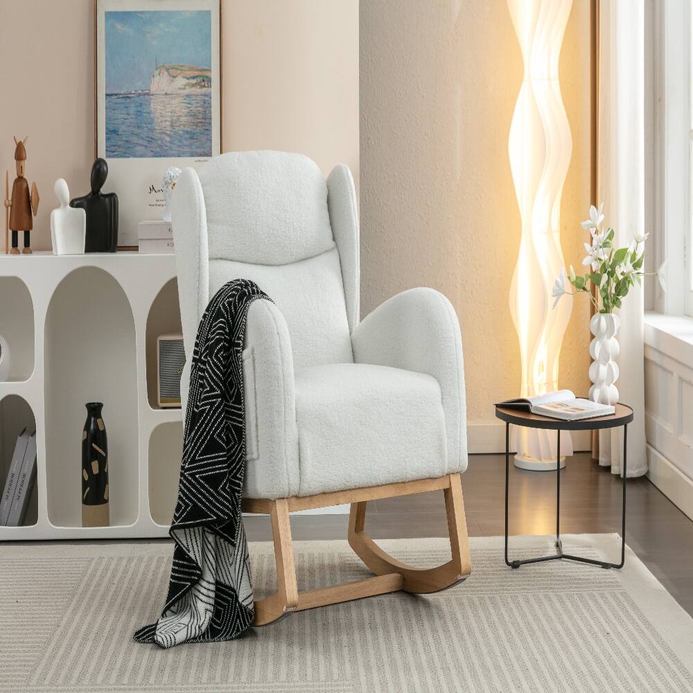Alt View 1. Loheer - Loheer Teddy Fabric Rocking Chair Ivory Ergonomic Wooden Legs - Ivory.