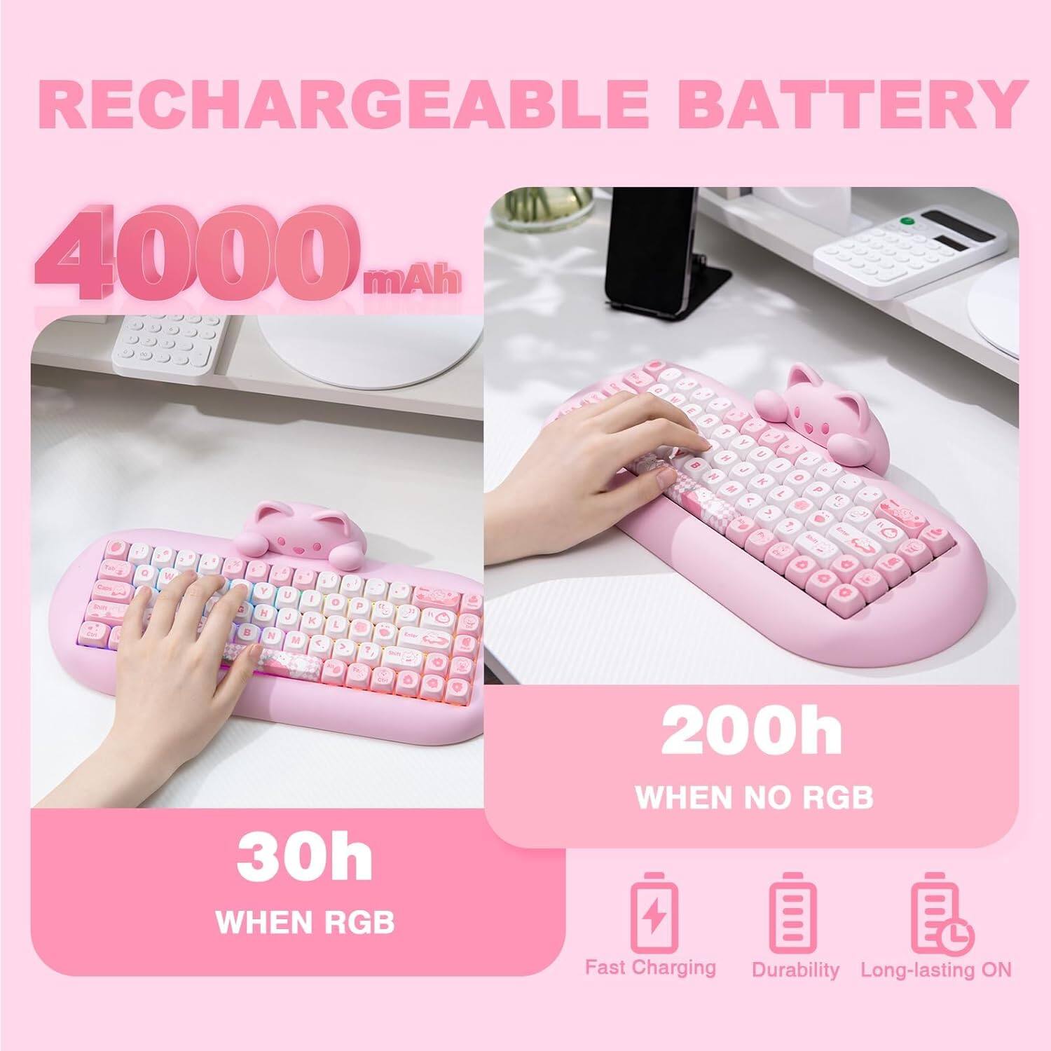 RECHARGEABLE BATTERY 4000 mAh

- 30h WHEN RGB
- 200h WHEN NO RGB

Fast Charging, Durability, Long-lasting ON